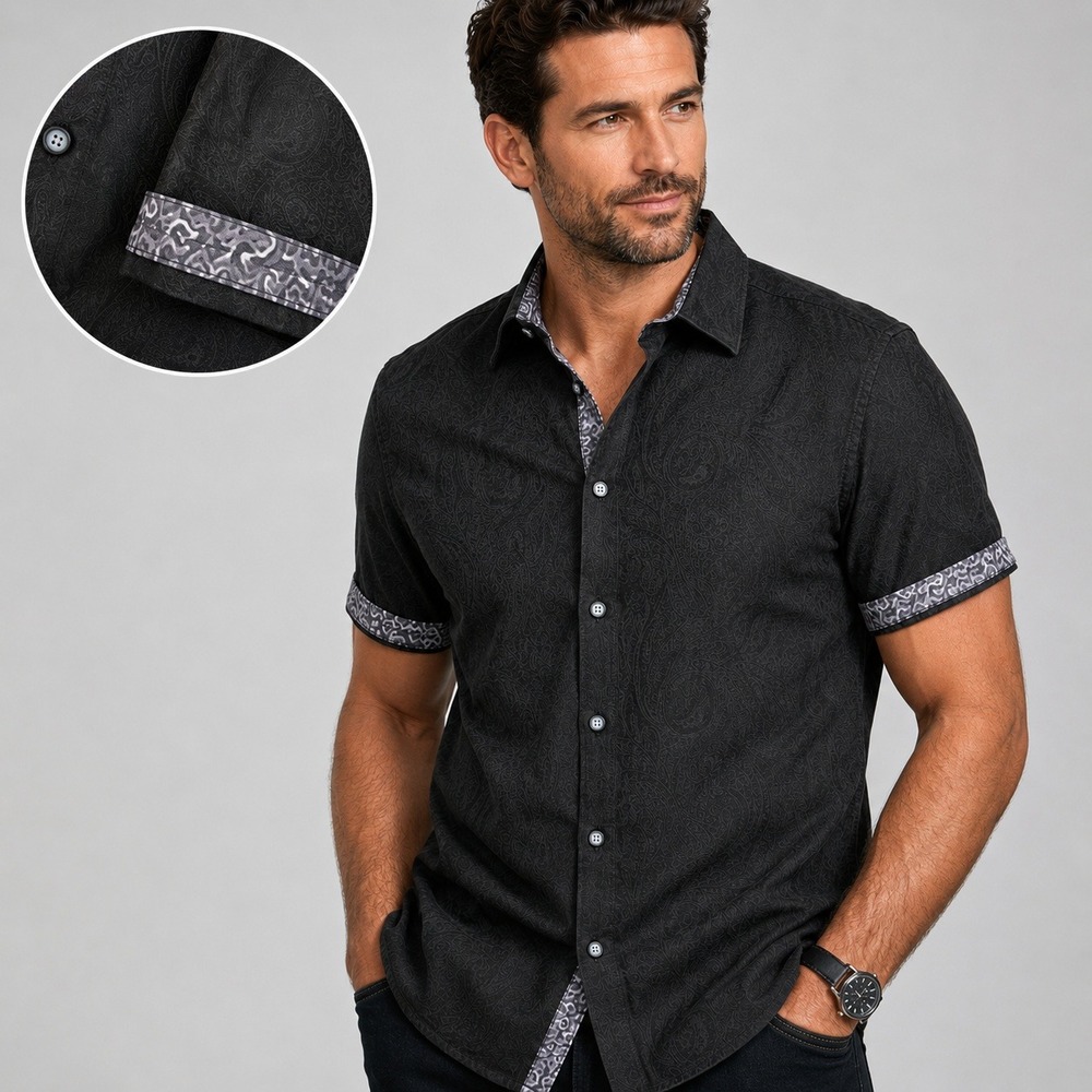 Robert Graham Mens Black Tonal Paisley Short Sleeve Button Down Shirt Size M
